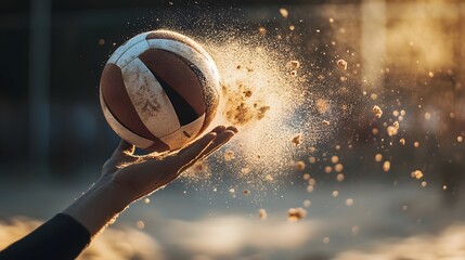 Dynamic Moment of Volleyball Ball in Hand with Sand Flying Around