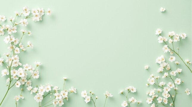 white gypsophila flowers on pastel green background flat lay top view - Powered by Adobe