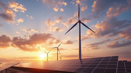 Obraz premium wind turbine solar panels sunset clean energy concept