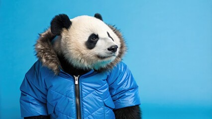 Naklejka premium panda in a bright down jacket on a blue background, fur, cute, scenery, nature