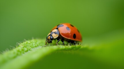 Fototapeta premium A close-up of a vibrant ladybug resting on a green leaf, showcasing its bright red shell with black spots. 