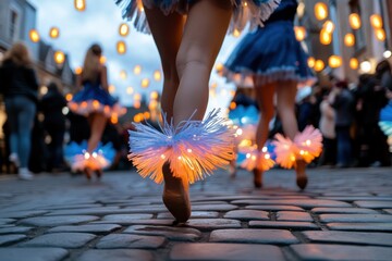 A group of dancers with luminous costumes creates a mesmerizing scene, dancing on a charming...