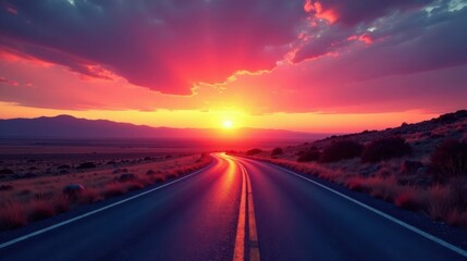 Vibrant Sunset Hues Paint the Sky Above a Winding Asphalt Road Leading Towards a Distant Mountain Range