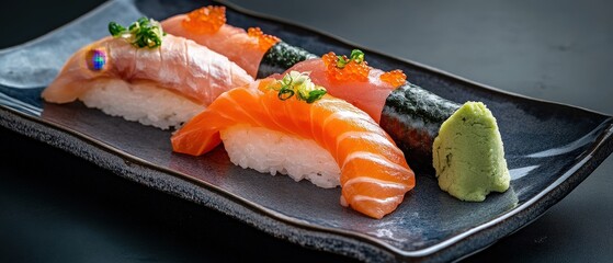 Sushi, gourmet Japanese cuisine with fresh salmon, wasabi and seaweed on a black plate, representing fine dining, culinary art and traditional Japanese flavors.