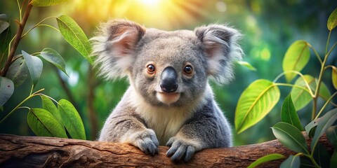 Fototapeta premium Adorable Koala Clinging to Eucalyptus Tree Branch - Wildlife Stock Photo