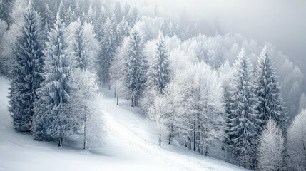 Snow-covered landscape featuring evergreen trees and a winding path through a winter wonderland. Perfect for winter travel, nature, and outdoor photography themes.