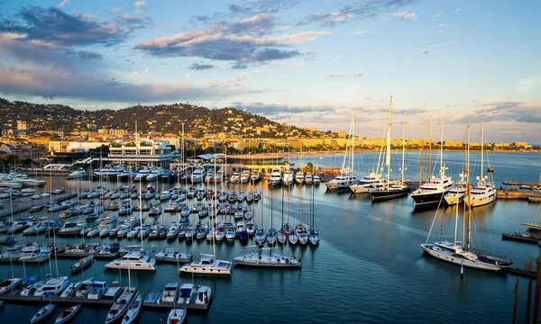 Cannes  panoramic view at marina at sunset 