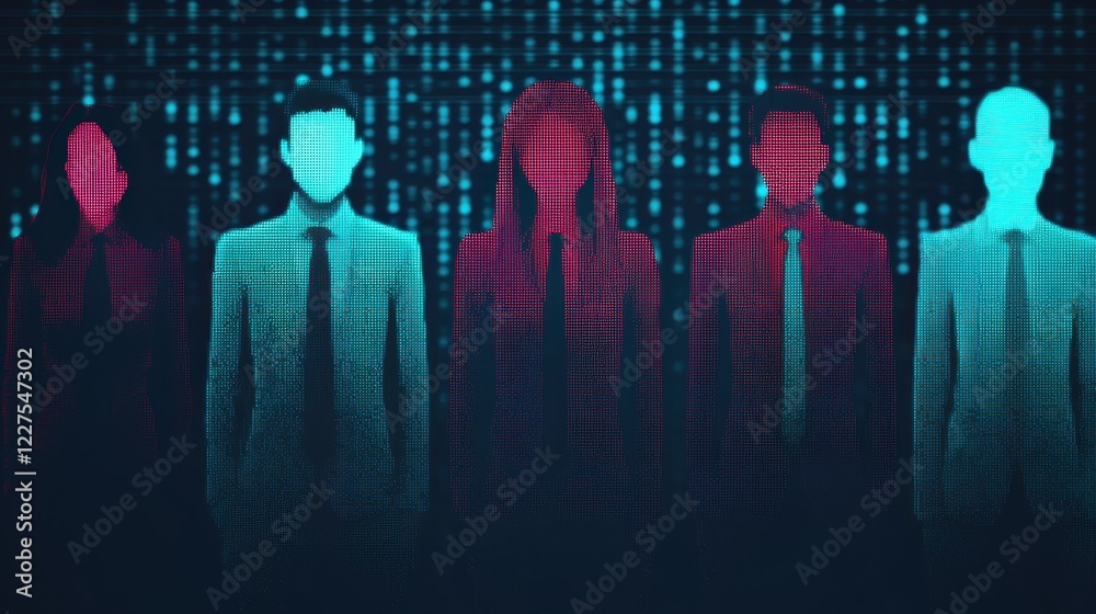 Poster a digital representation of diverse individuals against a backdrop of binary code, symbolizing techn