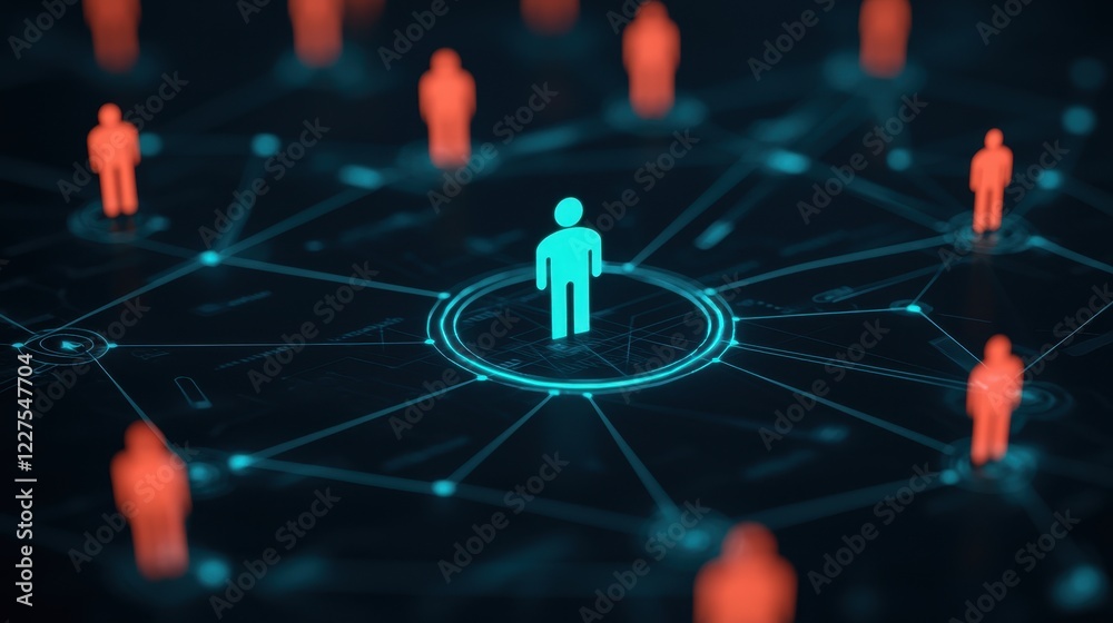 Poster a digital network visualization showing one central figure in blue surrounded by multiple figures in