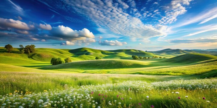 A serene landscape featuring rolling hills of lush green grass beneath a clear blue sky with a few wispy clouds drifting lazily across it , wildflowers, outdoors