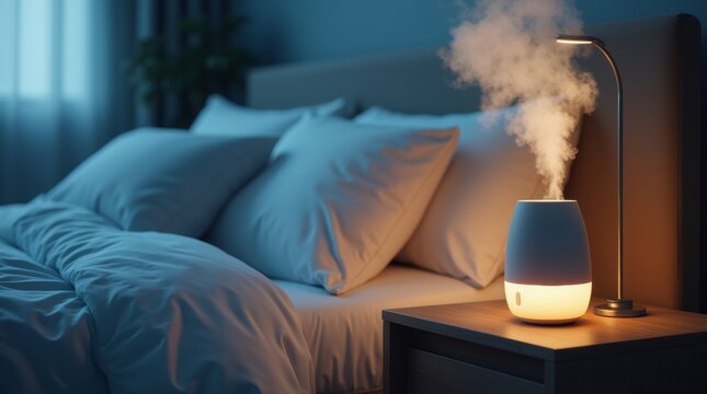 A realistic photograph of a humidifier on a nightstand in a softly lit bedroom, with the mist visibly rising into the air. 