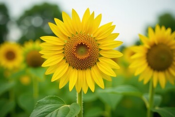 Fototapeta premium Tall sunflower facing straight with bright yellow petals, gardening, agriculture