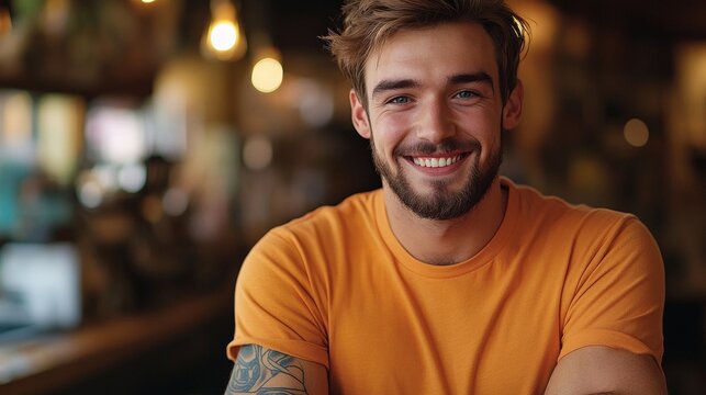Smiling man in casual attire at a cafe, showcasing a relaxed lifestyle and personal connection, perfect for social media, lifestyle blogs, or branding campaigns.