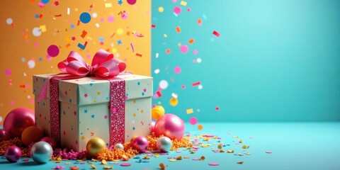 A festively wrapped gift box sits amidst colorful confetti and decorative spheres, celebrating a joyous occasion with vibrant hues and cheerful ambiance.