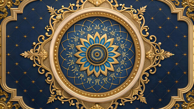 A luxurious 3D decorative ceiling wallpaper featuring an intricate blue and golden mandala at the center, surrounded by an ornate golden baroque-style frame.