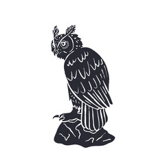 Hand drawn black and white line art eagle-owl sitting on rock isolated on white background. Monochrome nocturnal bird vector illustration.