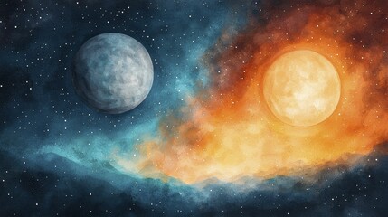 A stunning cosmic scene showcasing a planet and a bright sun amidst a colorful nebula, capturing the beauty of the universe.