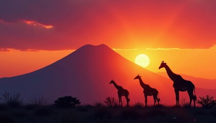 Three giraffes silhouetted against Kilimanjaro's peak at sunset, environment, high altitude