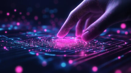 Futuristic Digital Interface with Human Finger Touching Abstract Glittering Technology Elements