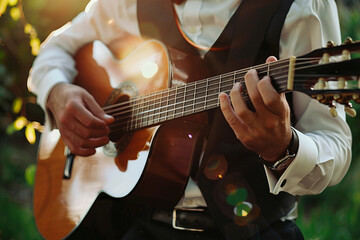 Fototapeta premium Generative AI Image of a Guitarist Performing with Acoustic Guitar