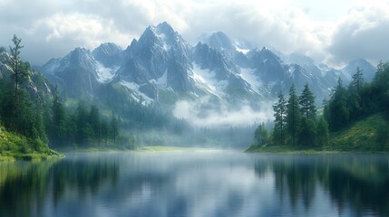 Misty Mountain Lake: Serene landscape of a pristine lake reflecting snow-capped mountains shrouded in mist, creating a breathtaking and tranquil atmosphere. Evergreen trees frame the scene.
