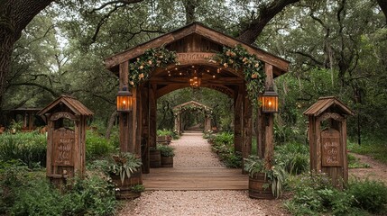 Rustic wooden archway wedding aisle, garden ceremony