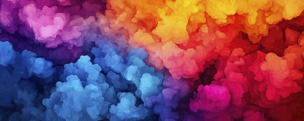 A vibrant gradient of colors blends seamlessly from warm to cool tones, creating a dynamic, abstract cloud-like effect.