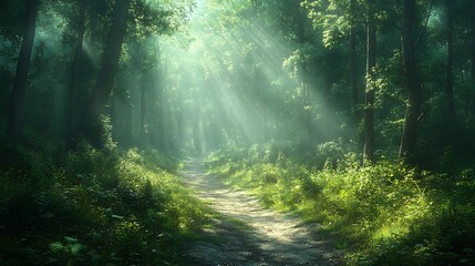 Obraz premium Path of Light Through the Forest: A magical forest path bathed in golden sunlight, illuminating a trail through verdant greenery and mystical atmosphere. The beams pierce through the canopy.