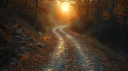 Autumn Path into the Sun: A winding dirt road leads through an enchanting autumn forest, bathed in the golden glow of the setting sun. The path ahead is obscured by mist.