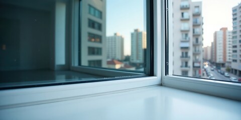 A Modern White Window Frame Offering a Blurred View of an Urban Skyline at Dawn