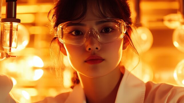 Scientist in laboratory wearing protective goggles with glowing bulbs in background, conducting research on chemical reactions and experiments in modern facility.