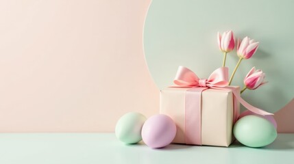 Pastel Gift Box with Spring Tulips and Easter Eggs on a Soft Background