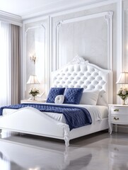 Elegant White Upholstered Bed in Classic Bedroom - Serene bedroom, white headboard, tufted design, luxurious bedding, classic decor.  Symbolising peace, luxury, elegance, comfort, and sophistication.