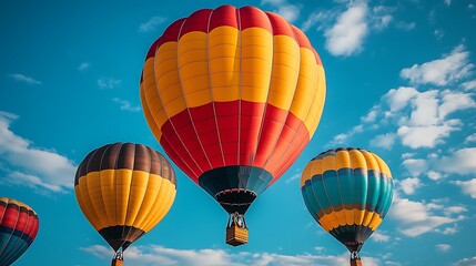 Fototapeta premium Hot Air Balloons Fiesta: Vibrant hot air balloons in red, yellow, and blue soar against a brilliant blue sky dotted with fluffy white clouds, creating a breathtaking spectacle of color and freedom.