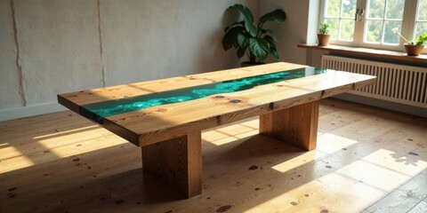 Rustic Wooden Table with a Striking Teal Resin River Inlay, Perfect for Modern Dining Room Decor