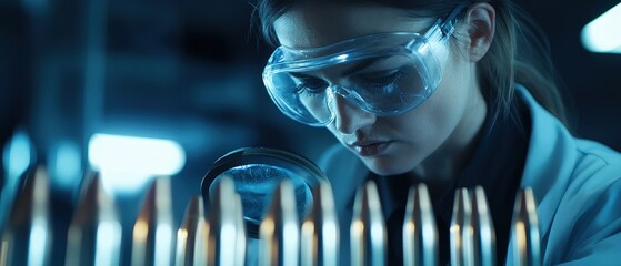 Scientist examining bullets in laboratory under blue lighting, focused on research and development in ballistics, forensic analysis, and ammunition technology.