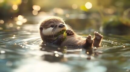 Playful Otter Floating in Water Enjoying Green Vegetation Snack