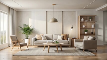 Fototapeta premium Modern minimalist living room with a neutral color palette and sparse furniture arrangement, minimalist decor, calm atmosphere