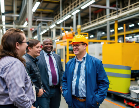 Gerente de una f&aacute;brica de la industria recorriendo las instalaciones con los invitados
