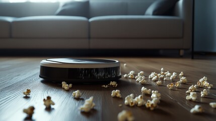 Robot vacuum cleaner navigating a living room with scattered popcorn, showcasing modern home automation and efficiency in everyday cleaning tasks.