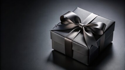 Fototapeta premium Black gift box with elegant black ribbon on dark background for Black Friday promotion, festive atmosphere, luxury