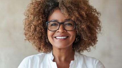 Portrait of a smiling woman with curly hair and glasses, showcasing confidence and positivity in a professional setting. Ideal for personal branding and corporate identity.