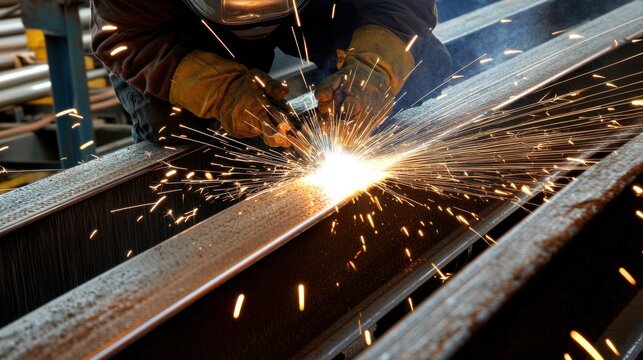 A close-up of an ironworker welding steel beams, with sparks flying and protective gear visible, looking at the camera