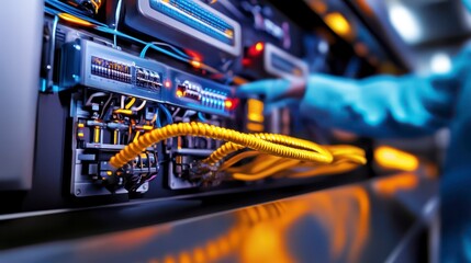 Naklejka premium High-Tech Data Center with Cables and Server Equipment in Focus
