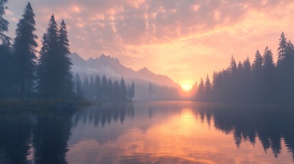 soft morning light over mountain lake image