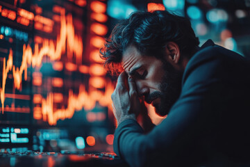 Fototapeta premium Businessman with Head in Hands Amid Recession