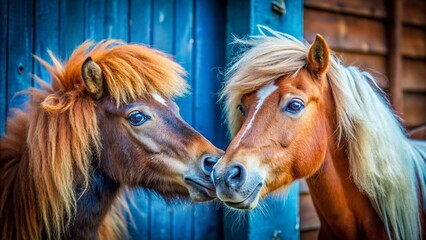 Obraz premium Adorable Shetland Ponies Frolic: Candid Stable Playtime, Brown & Black Coats, Striking Blue Eyes