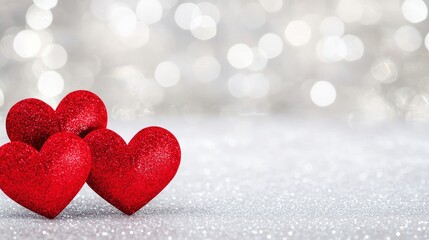 Fototapeta premium Three Red Glitter Hearts on Silver Background - Three sparkling red hearts rest on a shimmering silver background, perfect for Valentine's Day or romantic themes.