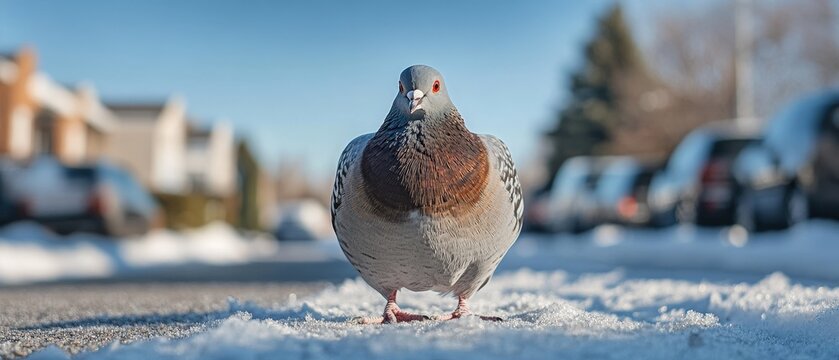 Pigeon walking on snow-covered street in urban environment, showcasing winter wildlife, city landscapes, and natures adaptability to cold weather conditions.