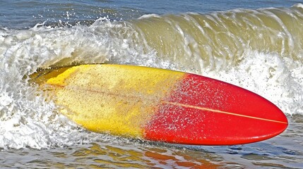 Colorful Surfboard Inside Breaking Wave at Sunny Beach Scene
